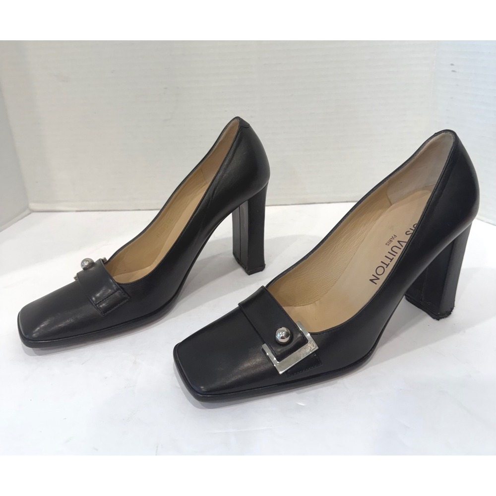 Louis Vuitton Black Square Toe Buckle Block Heel Luxury Pumps Sz 5.5